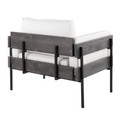 Kari accent chair in Black Metal, Grey Wood, White PU, back and side view, featuring upholstered seat