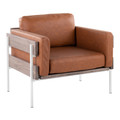 Kari Farmhouse Accent Chair in White Metal, Grey Wood and Camel Faux Leather — product view