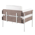 Kari accent chair in White Metal, Grey Wood, White PU, back and side view, featuring upholstered seat