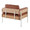 Kari accent chair in White Metal, Natural Wood, Camel PU, back and side view, featuring upholstered seat
