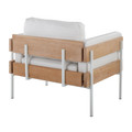 Kari accent chair in White Metal, Natural Wood, White PU, back and side view, featuring upholstered seat