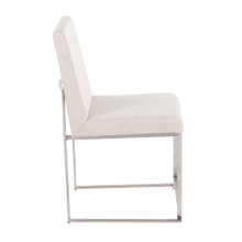 Fuji dining chair in Brushed Stainless Steel, Beige Fabric, back view, featuring upholstered seat