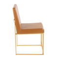 Fuji dining chair in Gold Metal, Camel PU, side view, featuring upholstered seat