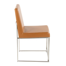 Fuji dining chair in Brushed Stainless Steel, Camel PU, side view, featuring upholstered seat