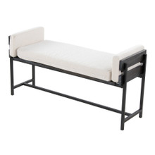 Kari bench in Black Metal, Grey Wood, Cream Fabric, back and side view, featuring metal design and wood design