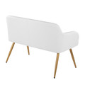 Daniella bench in Gold Steel, White PU, back and side view, featuring armrests
