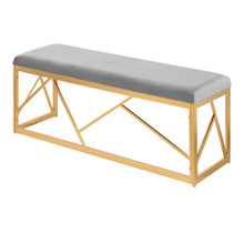 Folia bench in Gold Steel, Grey Velvet, back and side view, featuring velvet design and metal design