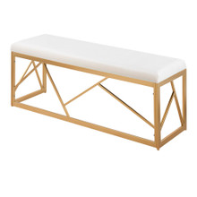 Folia bench in Gold Steel, White Velvet, back and side view, featuring velvet design and metal design
