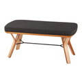 Folia bench in Natural Wood, Charcoal Fabric, back and side view, featuring upholstered seat and wood frame