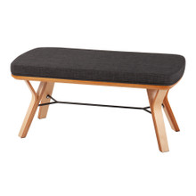 Folia bench in Natural Wood, Charcoal Fabric, back and side view, featuring upholstered seat and wood frame