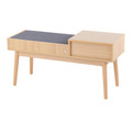 Telephone bench in Natural Wood, Grey Fabric, back and side view, featuring upholstered seat and storage
