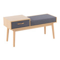 Telephone Contemporary Bench in Natural Wood and Grey Fabric with Pull-out Drawer — product view