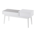 Telephone bench in White Wood, Grey Fabric, back and side view, featuring upholstered seat and storage