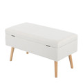 Storage bench in Natural Wood, Cream Fabric, back and side view, featuring wood frame
