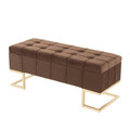 Midas bench in Gold Steel, Brown Velvet, back and side view, featuring tufted upholstery