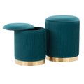 Marla ottoman in Gold Metal, Peacock Teal Velvet, close-up detail, featuring velvet design and metal design