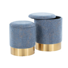 Marla ottoman in Blue Fabric, back and side view, featuring metal design and fabric design