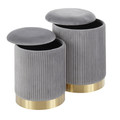 Marla ottoman in Gold Metal, Grey Velvet, back and side view, featuring velvet design and metal design