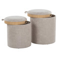 Tray ottoman in Light Brown Fabric, Natural Wood, close-up detail, featuring wood design and fabric design