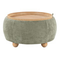 Tray ottoman in Natural Wood, Green Fabric, close-up detail, featuring storage