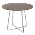 Cosmo dining table in Chrome Metal, Walnut Wood, back and side view, featuring metal design and wood design