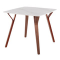 Folia table in Walnut Wood, White Marble, back and side view, featuring wood frame and marble top