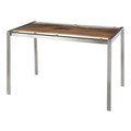 Live Edge table in Stainless Steel, Printed Glass, back and side view, featuring glass top