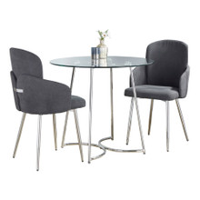 Cece-dahlia Contemporary Dining Set in Chrome Metal, Clear Glass Tabletop and Grey Fabric- 3 Piece — product view