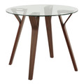 Folia table set in Walnut Wood, Clear Glass, Grey Fabric, close-up detail, featuring glass design and fabric design