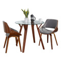 Folia Round Fabrizzi Mid-Century Modern Dining Set in Walnut Wood, Round Clear Tempered Glass and Grey Fabric- 3 Piece — product view