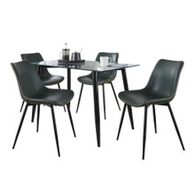 Clara-durango Contemporary Dining Set in Black Metal, Clear Glass and Green Vintage Faux Leather with Orange Zig Zag Stitching- 5 Piece — product view