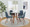 Folia Round Pebble Mid-Century Modern Dining Set in Walnut Wood, Round Clear Tempered Glass, Walnut Metal and Blue Fabric- 5 Piece — lifestyle photo 1