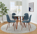 Folia table set in Walnut Wood, Clear Glass, Walnut Metal, Blue Fabric, featuring glass design and fabric design