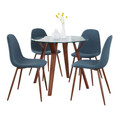 Folia Round Pebble Mid-Century Modern Dining Set in Walnut Wood, Round Clear Tempered Glass, Walnut Metal and Blue Fabric- 5 Piece — product view