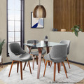 Folia table set in Walnut Wood, Clear Glass, Grey Fabric, featuring glass design and fabric design