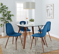 Folia table set in Walnut Wood, Clear Glass, Walnut Metal, Blue Velvet, featuring velvet design and glass design
