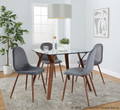 Folia table set in Walnut Wood, Clear Glass, Walnut Metal, Grey Velvet, featuring velvet design and glass design