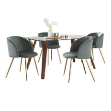 Folia-fran Mid-Century Modern Dining Set in Walnut Wood, Clear Glass Tabletop and Gold Metal with Sage Green Velvet- 5 Piece — product view