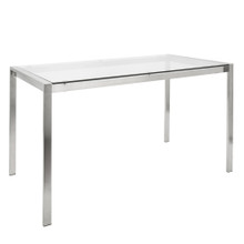 Fuji table set in Brushed Stainless Steel, Clear Glass, White PU, close-up detail, featuring faux leather design and leather design