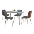 Fuji-mason Swivel Contemporary Dining Set in Brushed Stainless Steel, Clear Glass, Walnut Wood and Grey Faux Leather- 5 Piece — product view