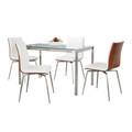 Fuji-mason Swivel Contemporary Dining Set in Brushed Stainless Steel, Clear Glass, Walnut Wood and White Faux Leather- 5 Piece — product view