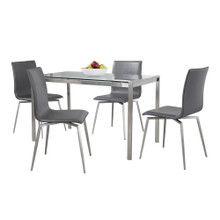 Fuji-mason Upholstered Swivel Contemporary Dining Set in Brushed Stainless Steel, Clear Glass, and Grey Faux Leather- 5 Piece — product view
