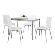 Fuji-mason Upholstered Swivel Contemporary Dining Set in Brushed Stainless Steel, Clear Glass, and White Faux Leather- 5 Piece — product view