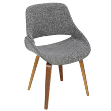 Folia table set in Walnut Wood, Grey Noise Fabric, close-up detail, featuring fabric design