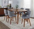 Folia table set in Walnut Wood, Grey Noise Fabric, featuring fabric design
