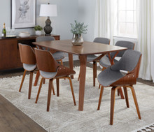 Folia table set in Walnut Wood, Grey Fabric, featuring fabric design