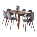 Folia Pebble Mid-Century Modern Dining Set in Walnut Wood, Walnut Metal and Grey Velvet- 7 Piece — product view