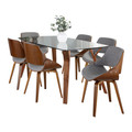 Folia Fabrizzi Mid-Century Modern Dining Set in Walnut Wood, Clear Tempered Glass and Grey Fabric- 7 Piece — product view