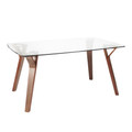 Folia table set in Walnut Wood, Clear Glass, Walnut Metal, Blue Fabric, close-up detail, featuring glass design and fabric design