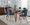 Folia table set in Walnut Wood, Clear Glass, Walnut Metal, Blue Fabric, featuring glass design and fabric design